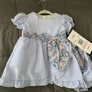 Rare Editions Blue and White Seersucker dress, bloomers & headband. NWT